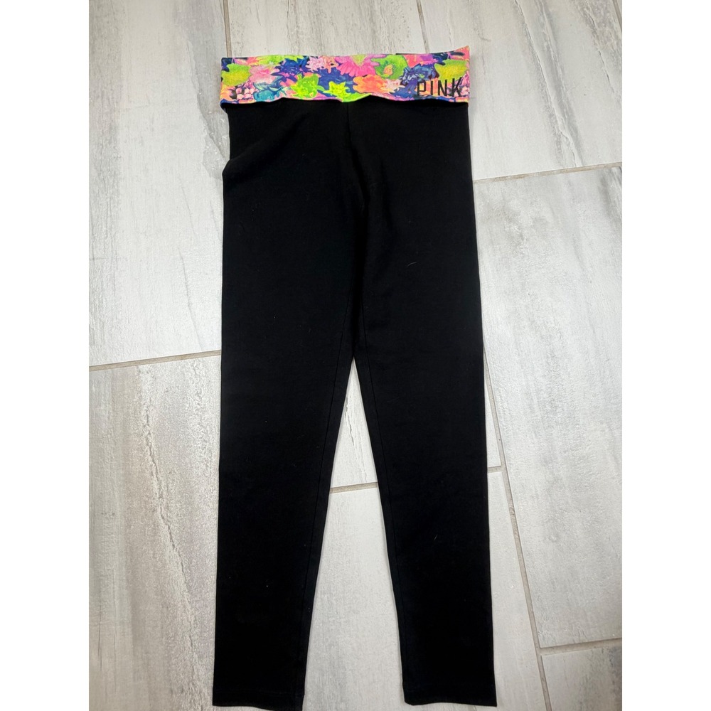 Victorias Secret PINK Yoga Leggings Black Floral Foldover Waistband Rhinestone S